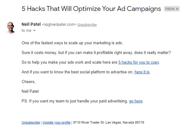 A screenshot of one of Neil Patel's email marketing messages in action.