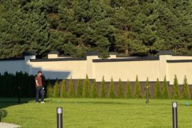 Газон с автополивом и изгородь из туй вдоль забора