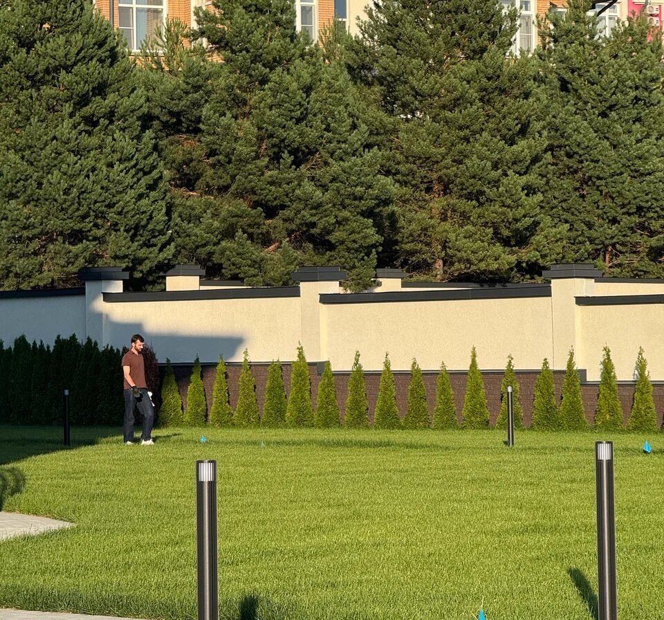 Газон с автополивом и изгородь из туй вдоль забора
